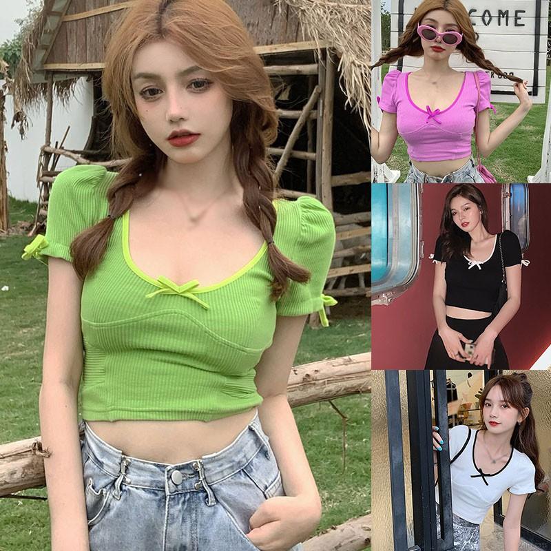 Áo dệt kim cổ U tay ngắn thời trang Hàn Quốc cho nữ