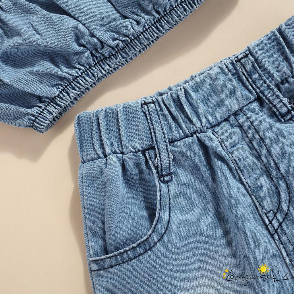 Set trang phục áo denim trễ vai tay ngắn + chân váy vạt lệch màu sắc thời trang cho bé gái