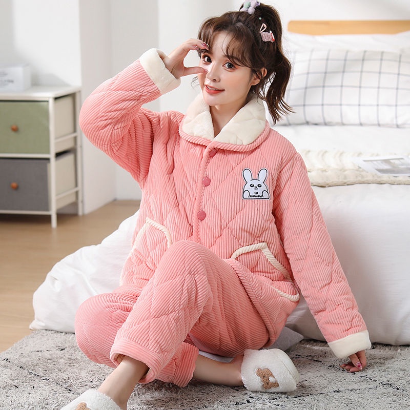 Bộ đồ ngủ mùa đông của phụ nữ có đệm áo khoác flannel chần gòn dịch vụ mặc nhà ấm áp