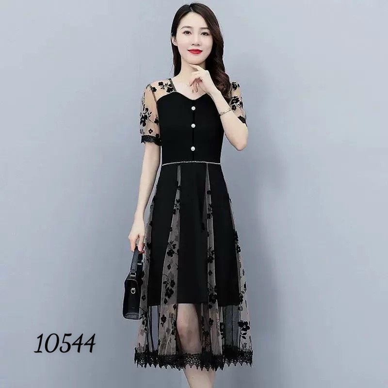 Đầm xòe đính nút phối lưới sao sang trọng nổi bật cho quý cô có size XXL LANA FASHION