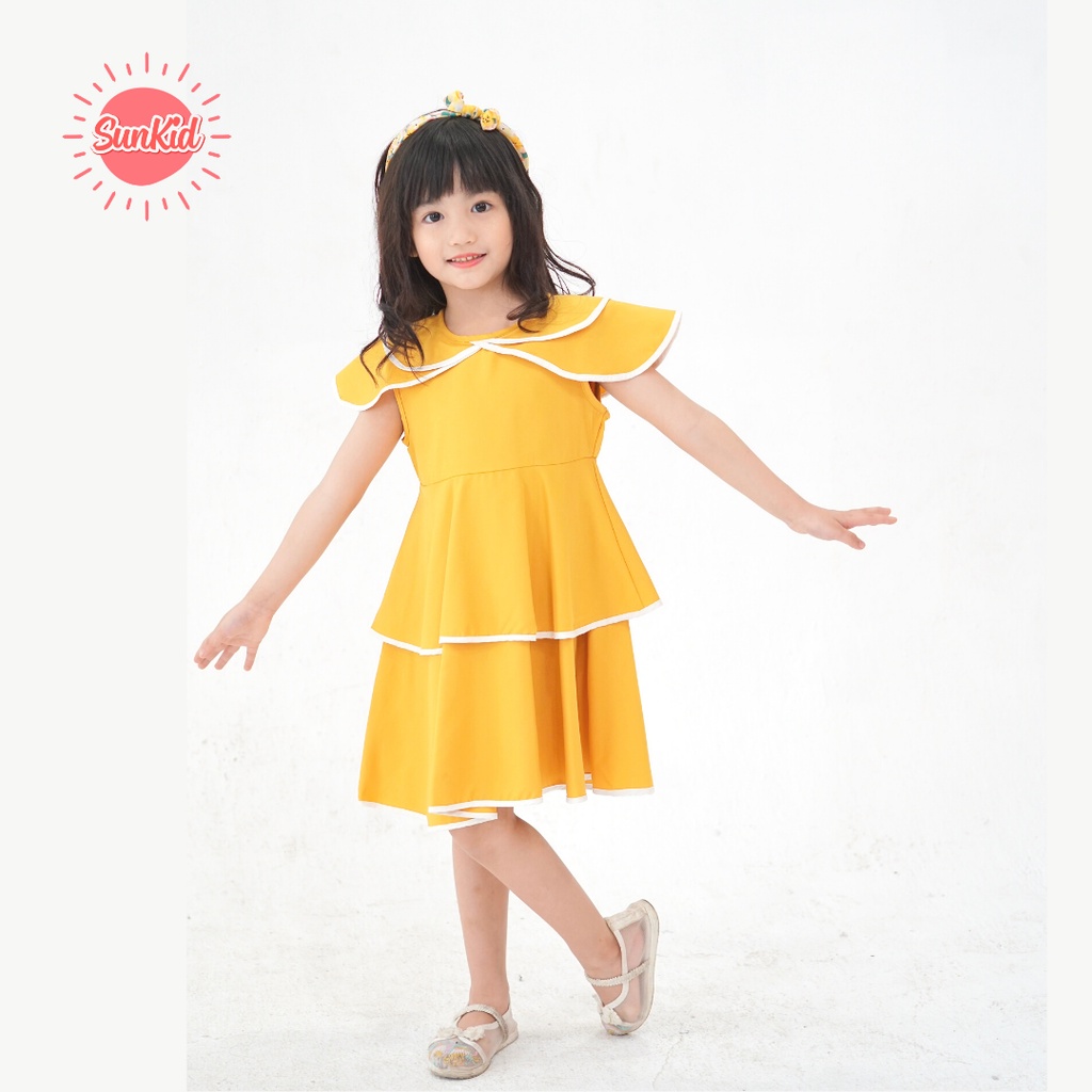 Váy đầm bé gái dáng suông cổ thuyền hai tầng vải trượt nhật cao cấp mùa hè Sunkid CT2 size trẻ em 4-12 tuổi