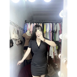 Đầm cổ bẻ kẻ sọc ngang xinh chất thun gân ôm tôn dáng uttt