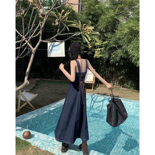 Váy yếm hai dây jeans buộc dây