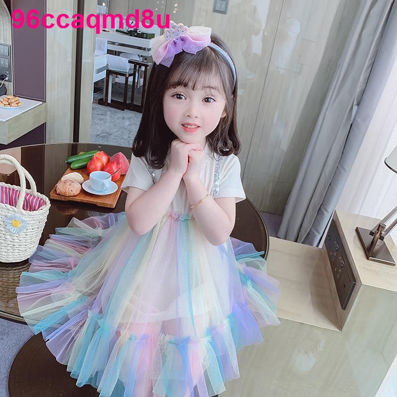 Váy lưới bé gái mùa hè 2020 công chúa trẻ em hàn quốc thời trang giả hai mảnh vest