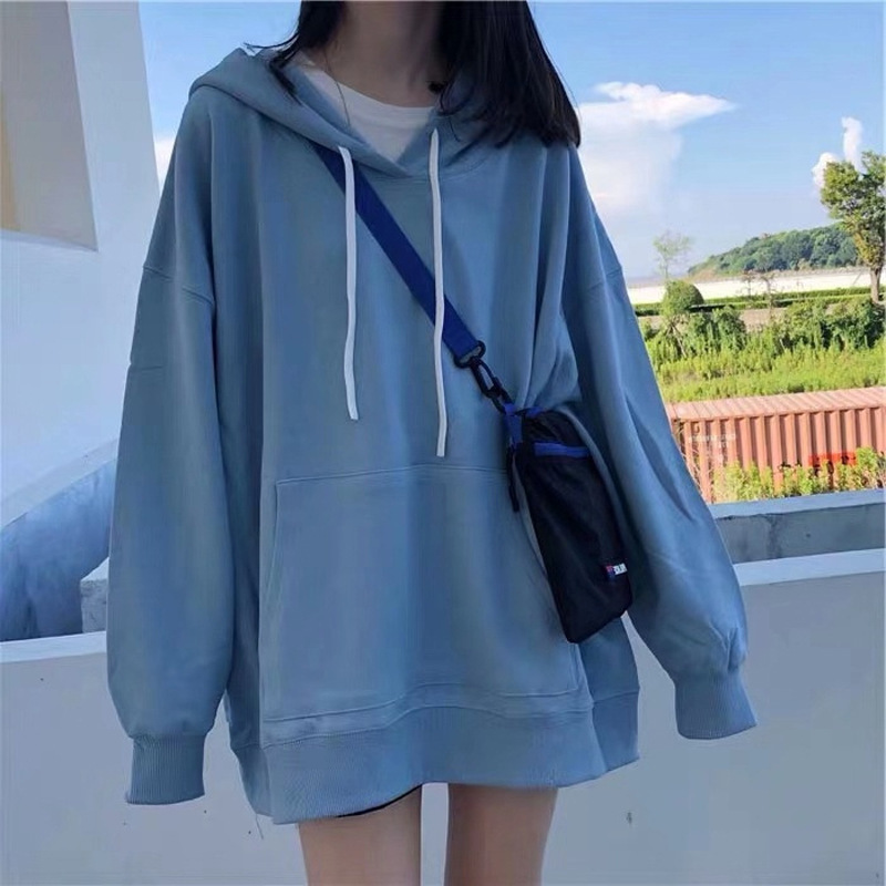 DUNEA Áo sweater dáng lửng rộng có mũ dài tay màu trơn thời trang Hàn Quốc cho nữ sinh