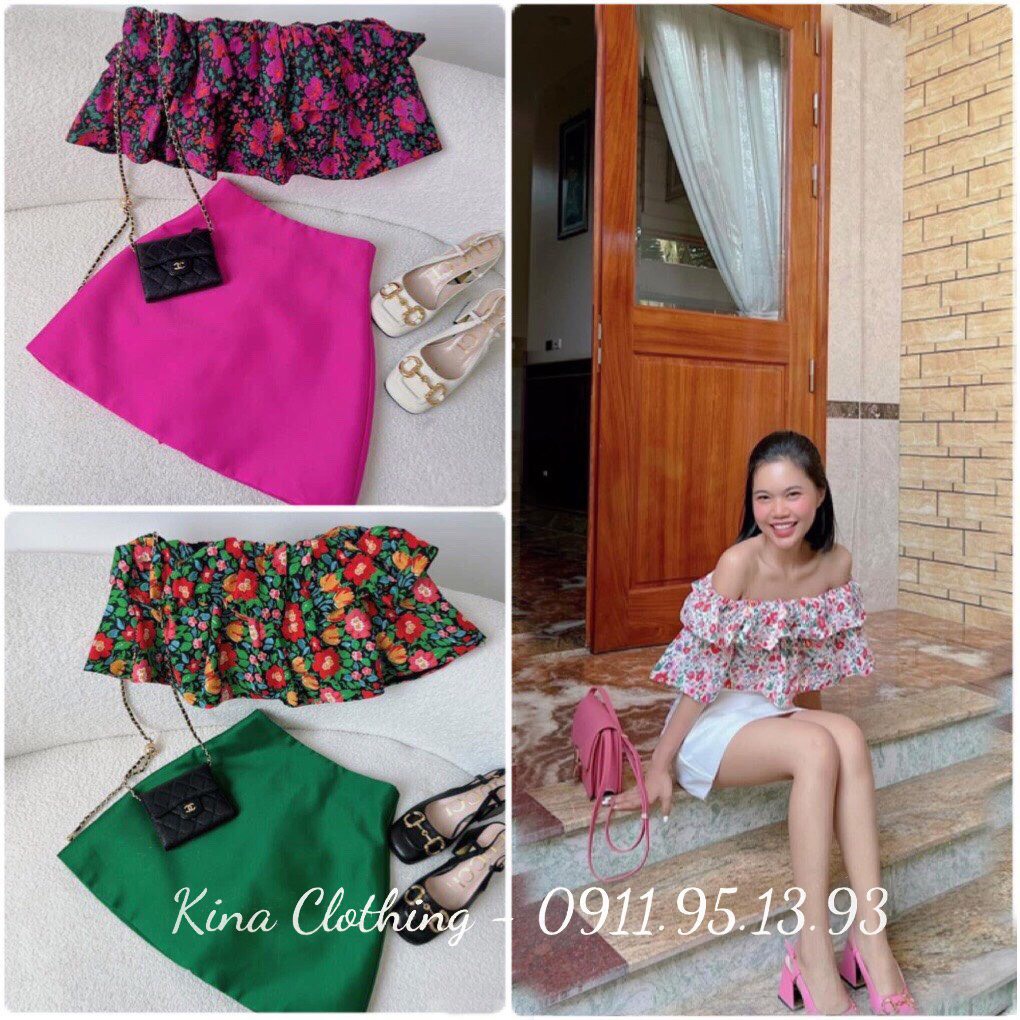 Set chân váy chữ A và áo trễ vai họa tiết hoa nhí nữ B09