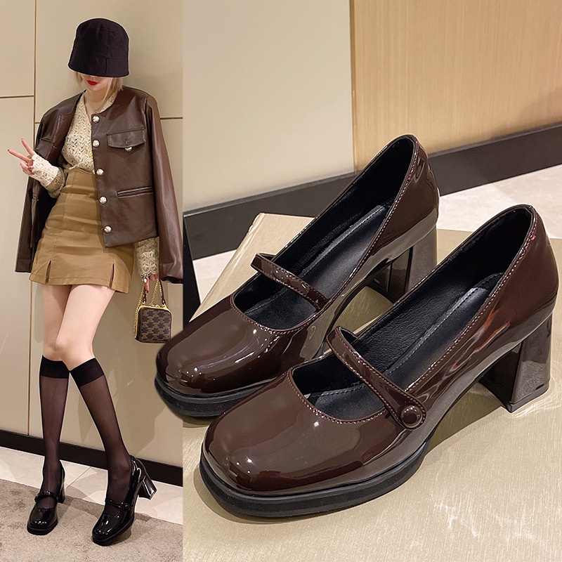 Giày cao gót IELGY mũi vuông miệng nông phong cách retro chunky dành cho nữ