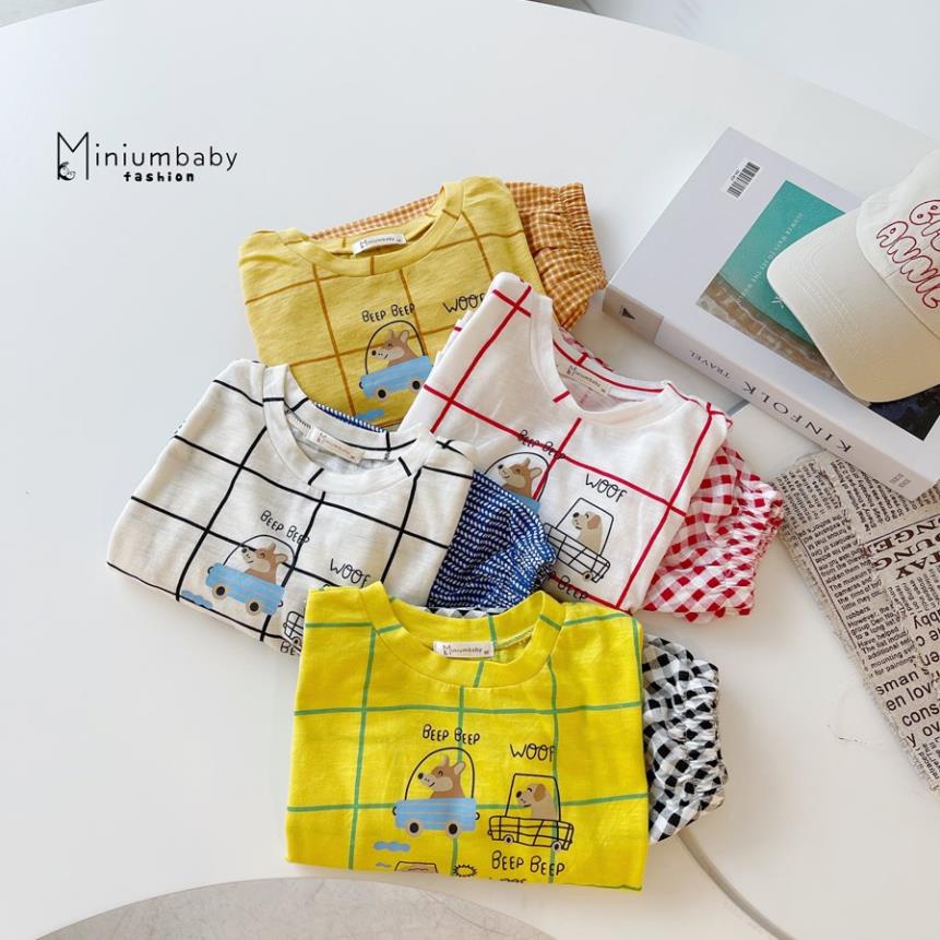 Bộ đồ dài tay quần dài thu đông chó đi ô tô, gà cho bé gái/trai chất liệu 100% cotton, quần áo trẻ em MiniumBaby-SB1315