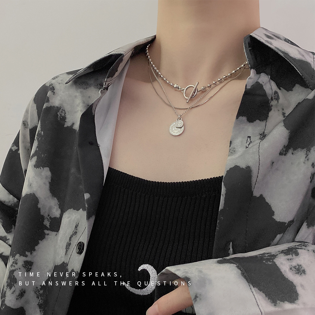 European and American multi-layer round brand portrait necklace simple cold wind retro personality design sense clavicle chain