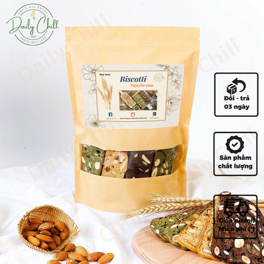 Bánh BISCOTTI Nguyên Cám Không Đường, Bánh Ngũ Cốc Ăn Kiêng ( 500gram ) - Daily Chill - Tặng kèm gói Trà Detox Thảo Mộc