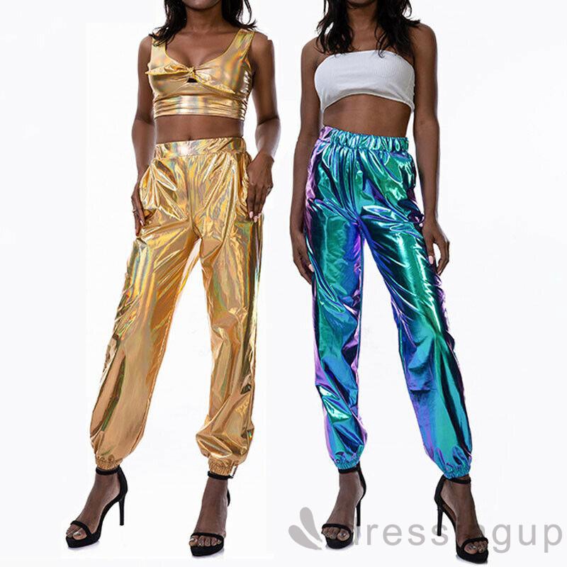 Quần Jogger Lưng Cao Thiết Kế Màu Sáng Bóng Cho Phái Nữ