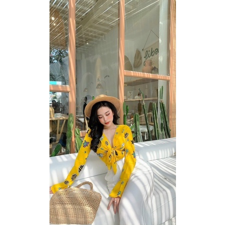 Set áo croptop cột nơ kèm quần ống rộng dáng suông phù hợp đi biển, hình thật trả sàn