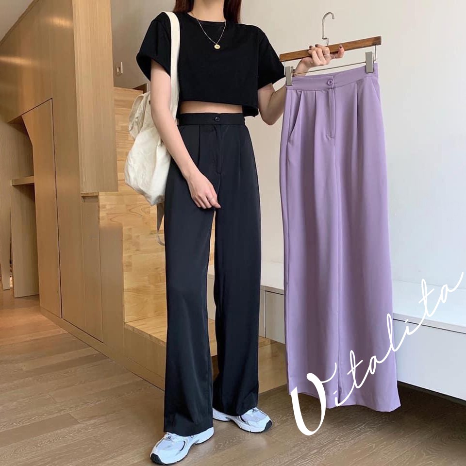 Quần vải ống rộng lưng cao dáng suông dài 100cm - chất vải tuyết mưa màu Đen / Tím - MIX đồ cực xinh | BigBuy360 - bigbuy360.vn
