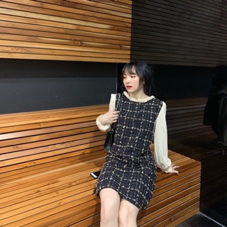 Váy dạ tweed tay bồng tiểu thư mùa thu