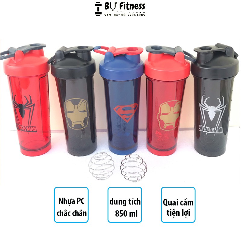 Bình lắc tập gym shaker siêu anh hùng, bình đựng nước nhựa dung tích 850ml