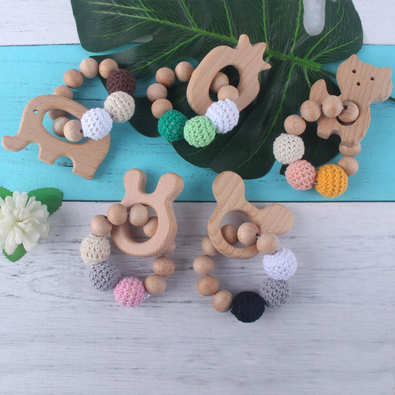 Bnvn 5# Wooden Rattle Beech Bear Hand Teething Ring Baby Rattles Play Stroller Toy Bnvv