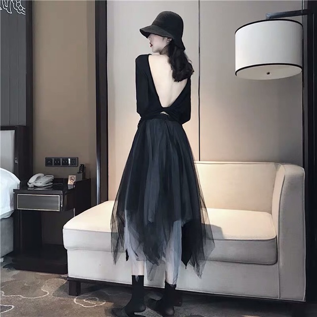 Set áo thun hở lưng và chân váy lưới xoè vạt lệch 7 lớp bồng bềnh siêu chất