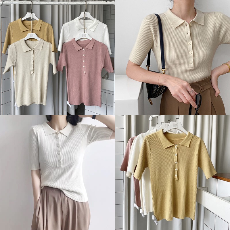 Áo thun gân nữ tay ngắn cổ polo 5 nút - AT2100