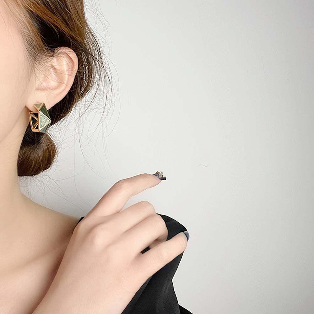 QQMALL Bông Tai Mạ Bạc 925 Dáng Dài Họa Tiết Hình Học Màu Xanh Lá Cao Cấp Thời Trang Cho Nữ