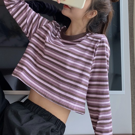 2020 new small retro hot girl short stripe T-shirt long sleeve top bottom | BigBuy360 - bigbuy360.vn