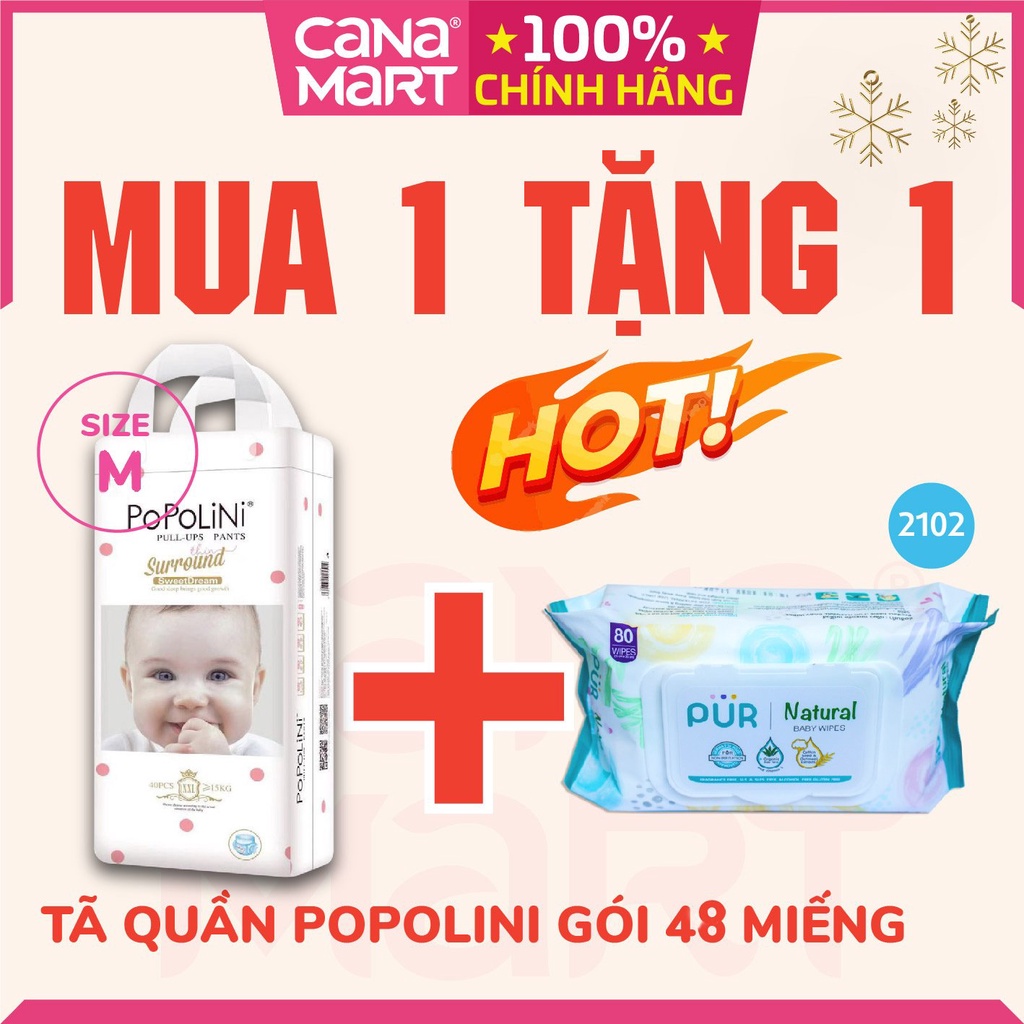 [MUA 1 TẶNG 1] Tã quần cho bé POPOLINI size M, 48 miếng,  giúp thấm hút nhanh hơn so với mặt phẳng để bé luôn khô thoáng