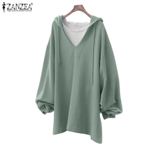 Áo hoodie ZANZEA tay dài cổ chữ V xẻ tà bên hông phối màu trơn đơn giản cho nữ