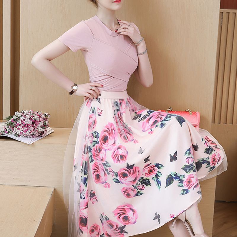 Set Áo Croptop 2 Dây Cột Phối Chân Váy Ren Hoa Phong Cách Hàn Quốc Xinh Xắn Cho Nữ