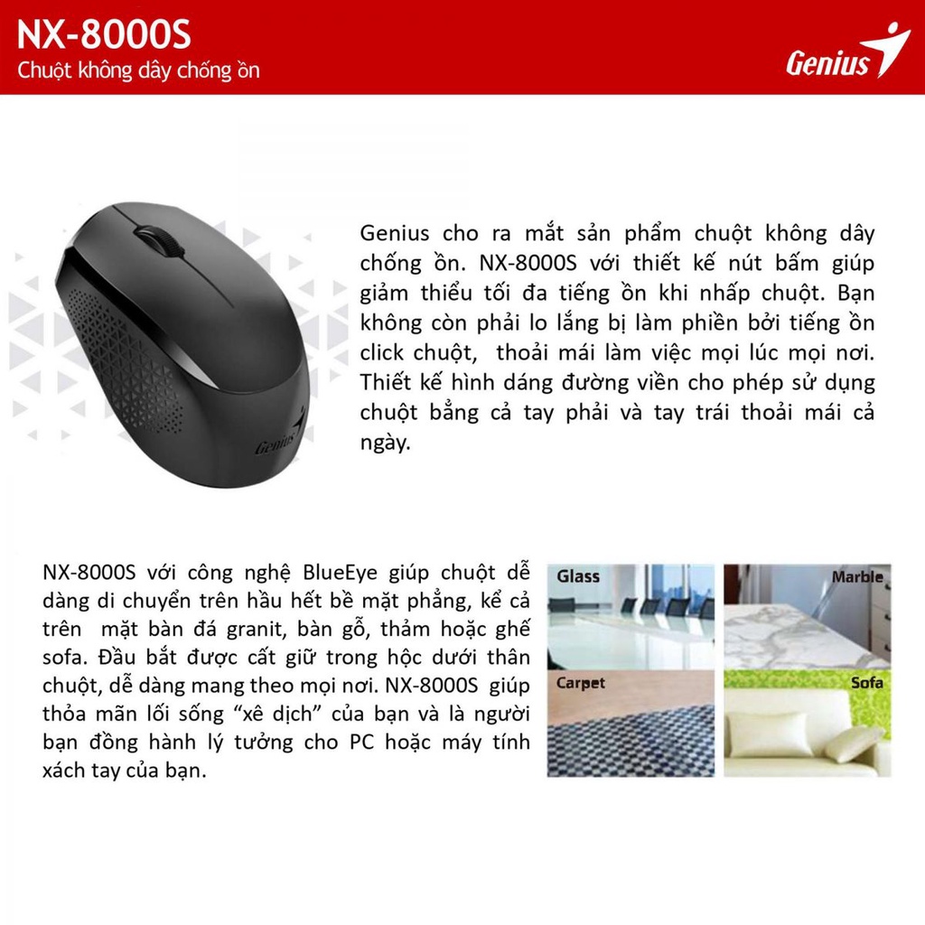 Chuột Không Dây chống ồn NX-8000S Genius - HÀNG CHÍNH HÃNG