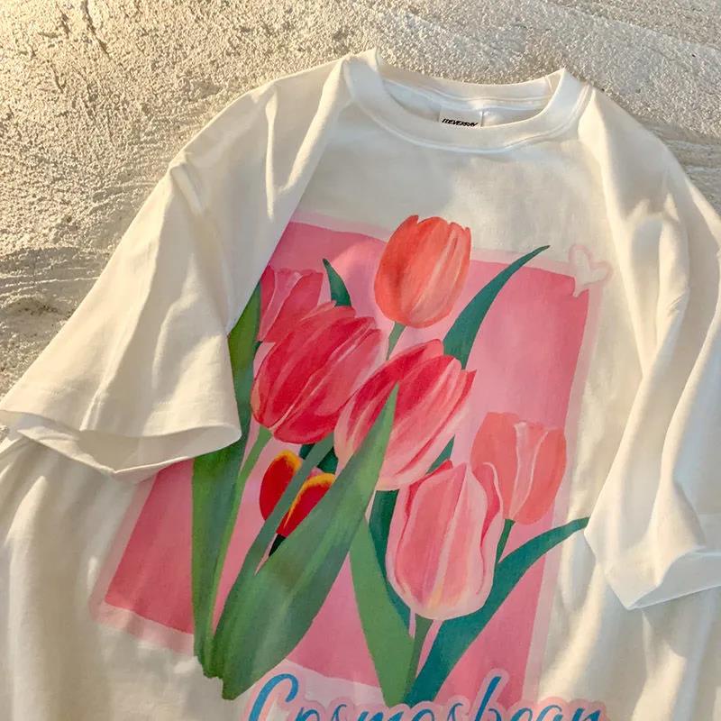 Plus Áo Thun Tay Ngắn Hoạ Tiết Hoa tulip Phong Cách retro