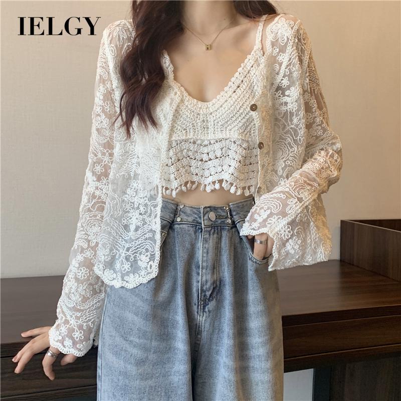 Set áo khoác IELGY dài tay ren mỏng và áo hai dây thời trang cho nữ