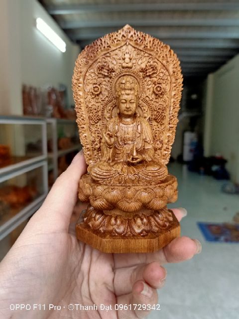 Tượng phật quan âm 2 mặt để ô tô gỗ bách xanh mini giá rẻ