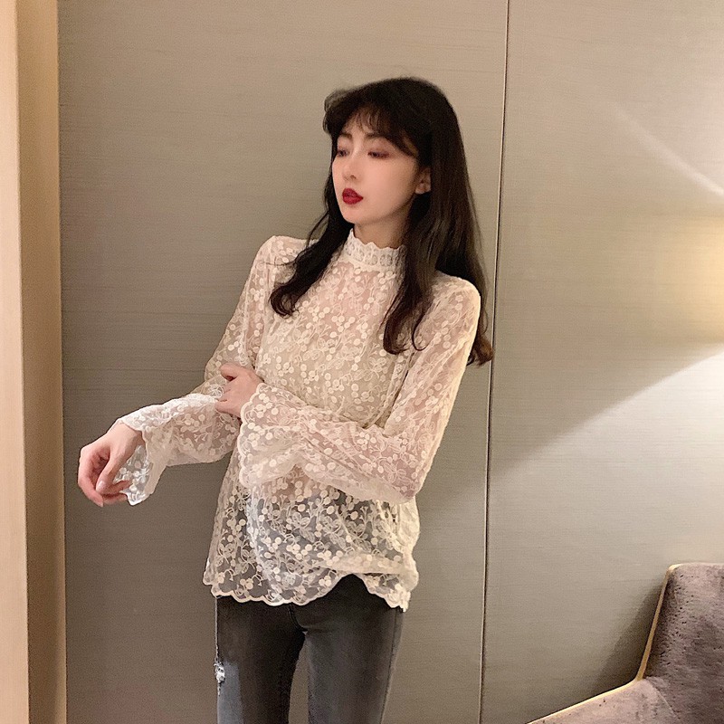 Xiaozhainv Áo kiểu tay dài cổ lọ phối ren hoa thời trang cho nữ | BigBuy360 - bigbuy360.vn