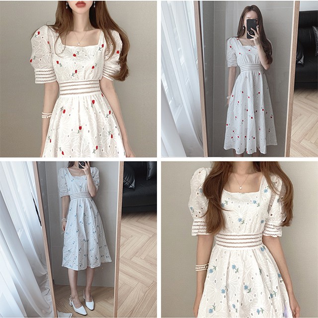 Đầm hoa phối ren tay bồng cổ vuông thanh lịch - ảnh thật ở cuối - psyche | BigBuy360 - bigbuy360.vn