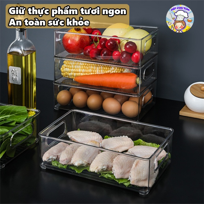 Hộp Nhựa To Đựng Đồ Trong Suốt Đa Năng Có Tay Cầm Hai Bên Để Đồ Trong Tủ Lạnh Nhà Tắm Nhà Bếp Chất Liệu Nhựa PP