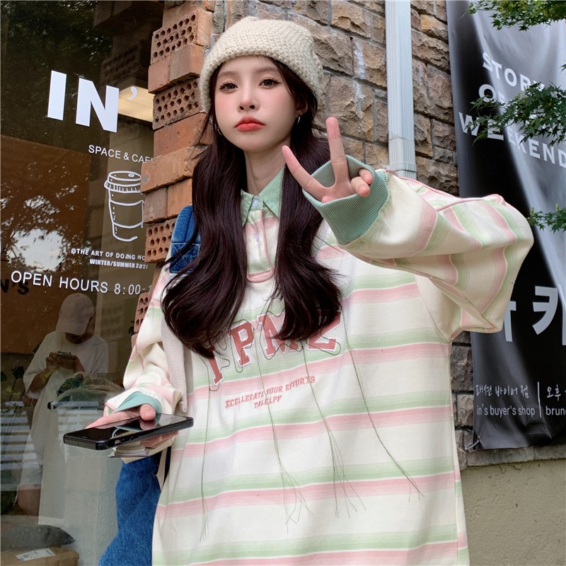 SUXI Áo Thun POLO Dài Tay Họa Tiết Kẻ Sọc Thời Trang Thu Đông Đơn Giản Cho Nữ