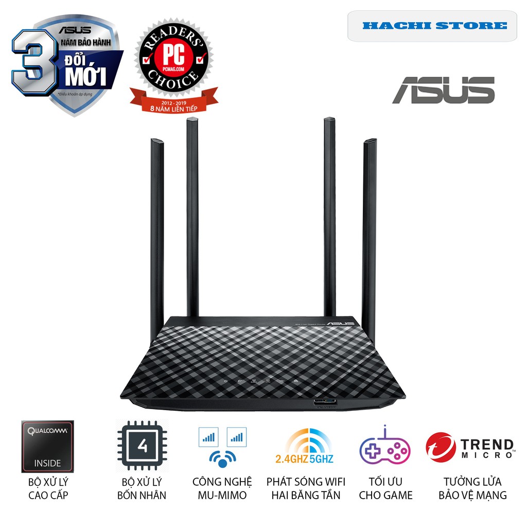 Bộ Phát Wifi xuyên tường ASUS RT-AC1300UHP công nghệ MU-MIMO, 2 băng tần, AiProtection, USB 3.0 - Hàng phân phối chính h