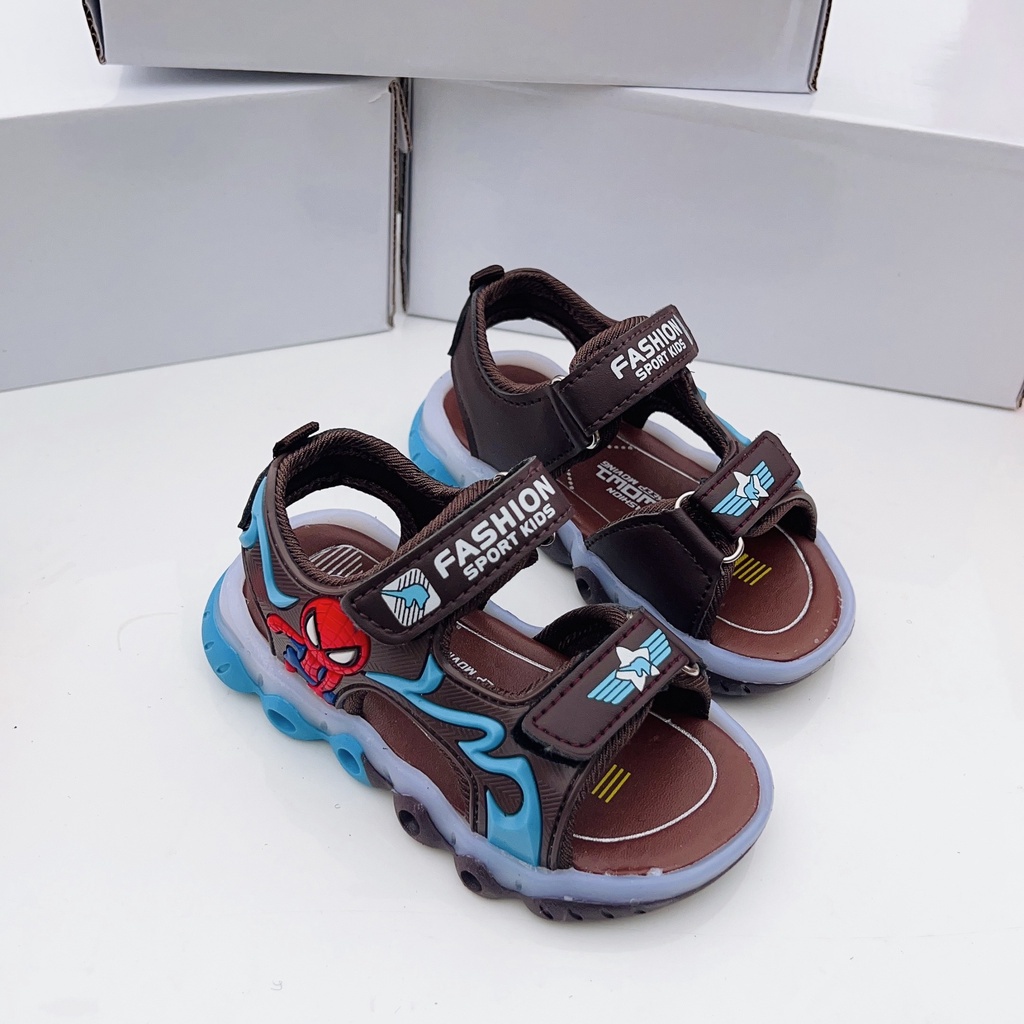 Sandal bé trai - dép quai hậu cho be đi học hình siêu nhên nhện có quai dán tùy chỉnh, đèn led, đi siêu êm Babybees F5