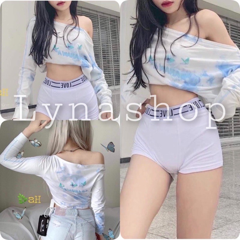 Áo croptopÁo Croptop Nữ Trễ Vai In Chữ SPANAWA Áo Thun Dài Tay Dáng Ngắn