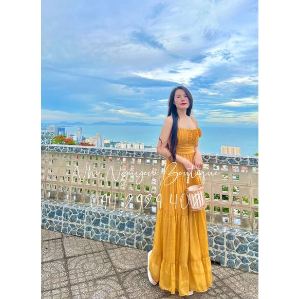 Đầm maxi voan đi biển hai dây hồng, vàng xếp li ngực kèm tag hoa có mút ngực