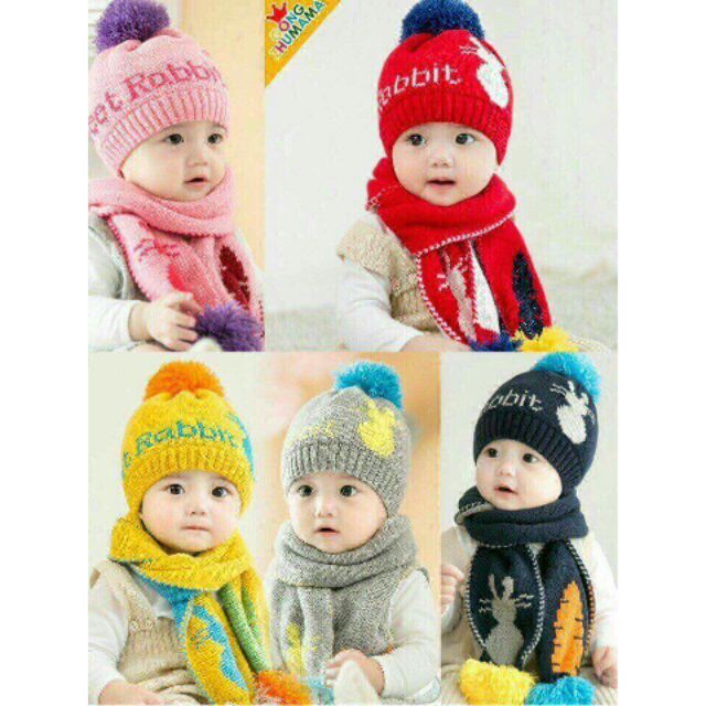 Set khăn mũ len hình thỏ