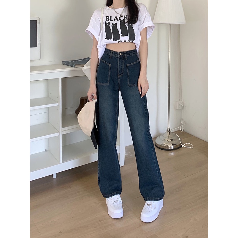 Quần Jeans Ống Rộng Lưng Cao Thời Trang Mùa Hè 2022 Cho Nữ