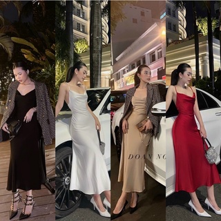 ĐẦM LỤA SATIN TK CỔ ĐỔ HAI DÂY XÍCH HỞ LƯNG SEXY-CHẤT SATIN LOẠI 1 CẦM NẶNG TAY KO MỎNG,CÓ 2 MÀU,ĐỎ-ĐEN)TÔN DÁNG