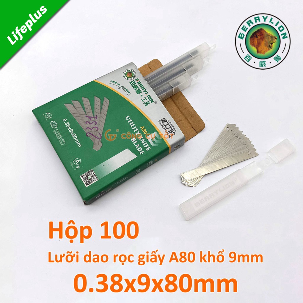 Hộp 100 lưỡi dao rọc giấy Berrylion A80 khổ 9ly (gồm 10 hộp con)