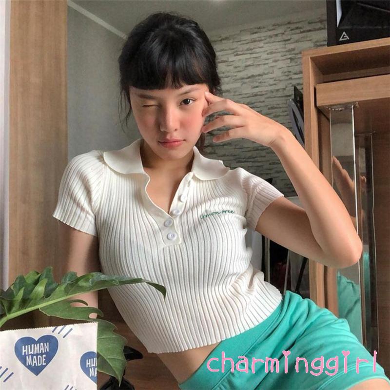 Áo Lửng Ngắn Tay Đính Nút Quyến Rũ Cho Nữ