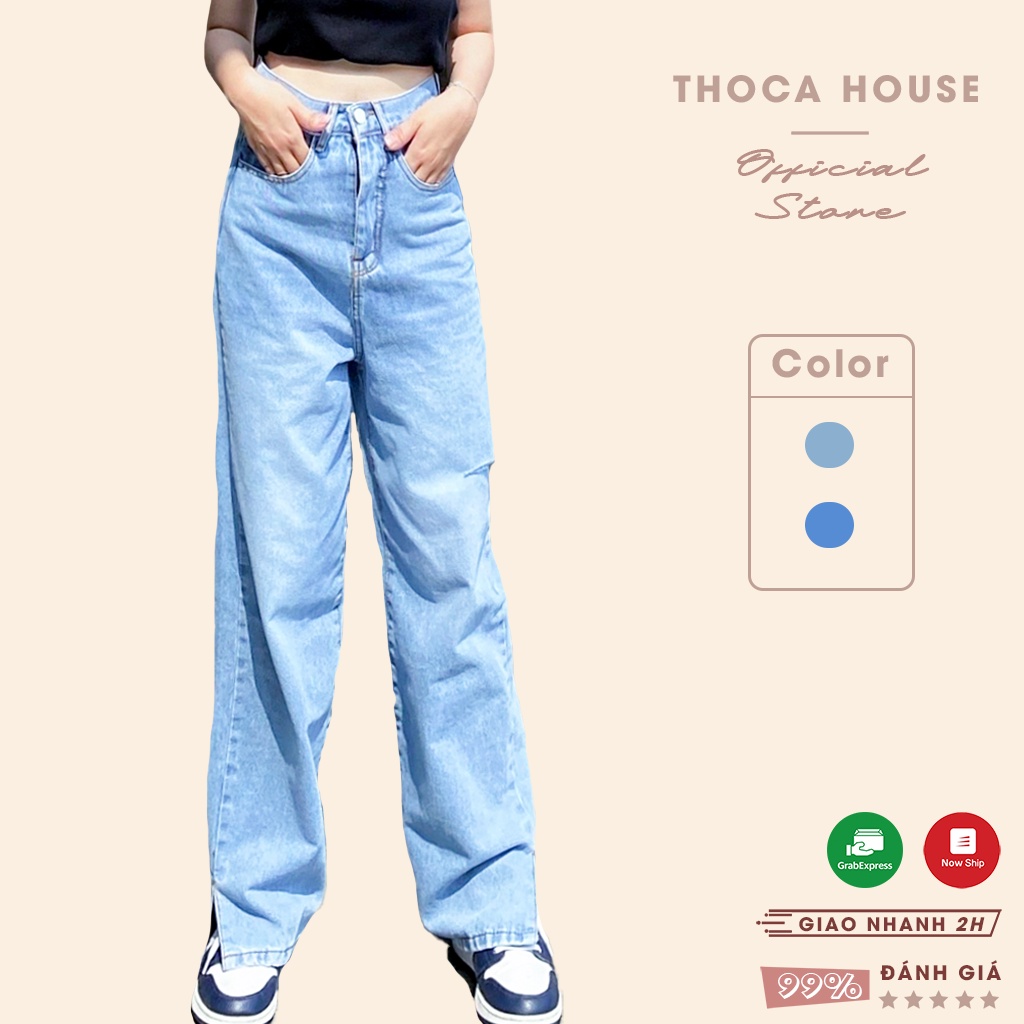 Quần jeans wax nữ ống rộng xẻ lai cắt bên trơn xanh đậm, nhạt THOCA HOUSE hot trending, dễ phối đồ