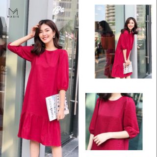 Đầm bầu đỏ đũi tay phồng xinh