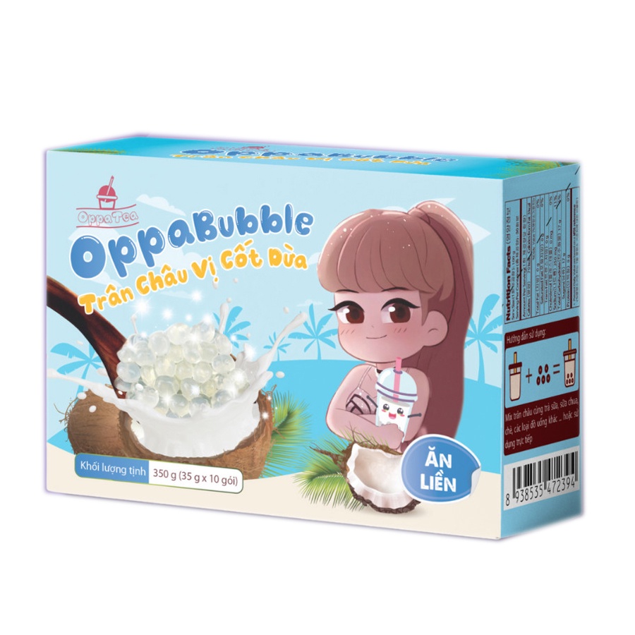 Hộp 10 Gói Trân Châu Vị Cốt Dừa  Ăn liền Oppa Bubble hộp 350g (35g*10 gói) - Nguyên Liệu Nấu Trà Sữa, Sữa Tươi