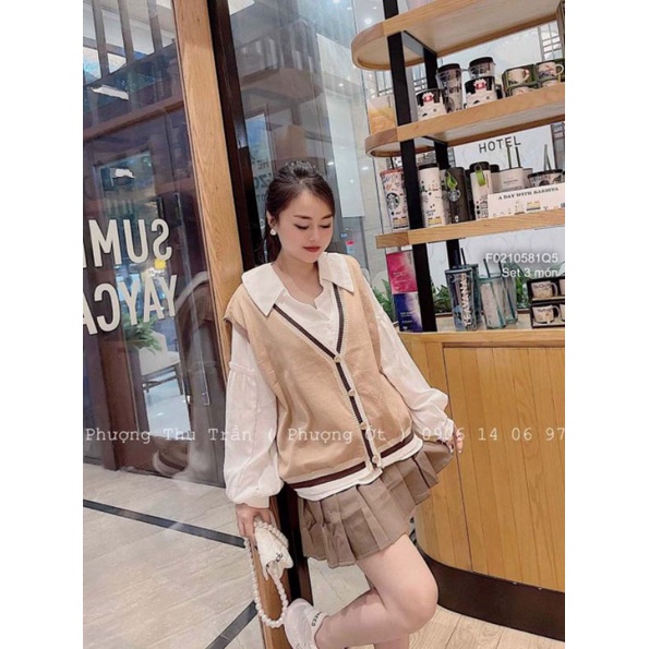 Set 3 món áo sơ mi trắng tay dài áo gilê len phối viền kèm chân váy ngắn xếp ly hàng QC!