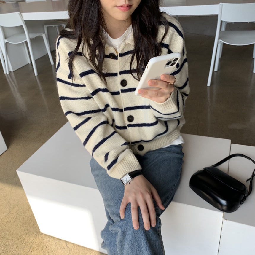 Áo Khoác Cardigan Dệt Kim Cổ Bẻ Dáng Rộng Kẻ Sọc Kiểu Retro Phương Tây Thời Trang Thu Đông 2022 Cho Nữ