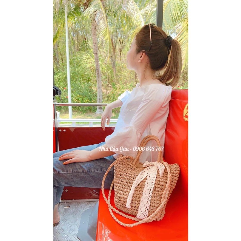 Túi cói dây nơ cực xinh về đủ 3 màu chanh sả